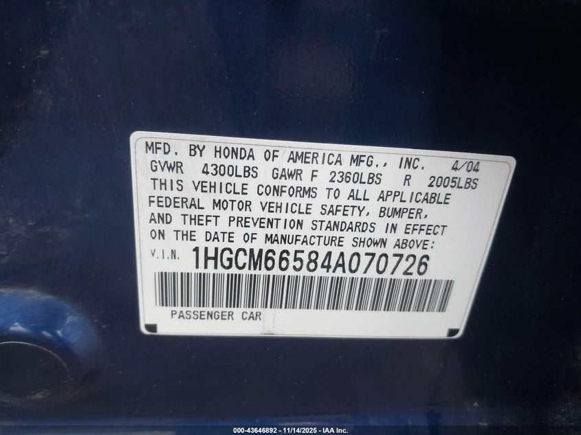 1HGCM66584A070726 2004 HONDA ACCORD photo no. 9