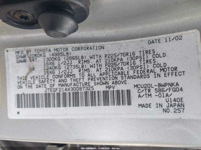 2003 Toyota Highlander V6 VIN: JTEGF21AX30087325 Lot: 43646899