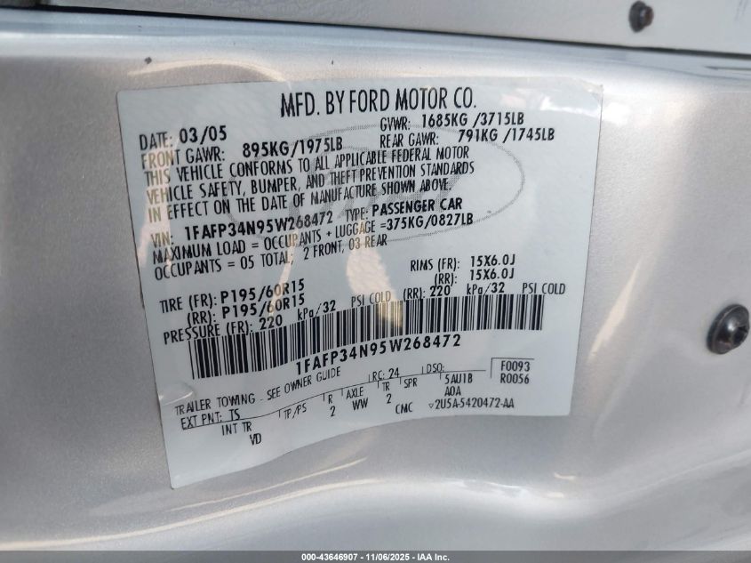 2005 Ford Focus Zx4 VIN: 1FAFP34N95W268472 Lot: 43646907