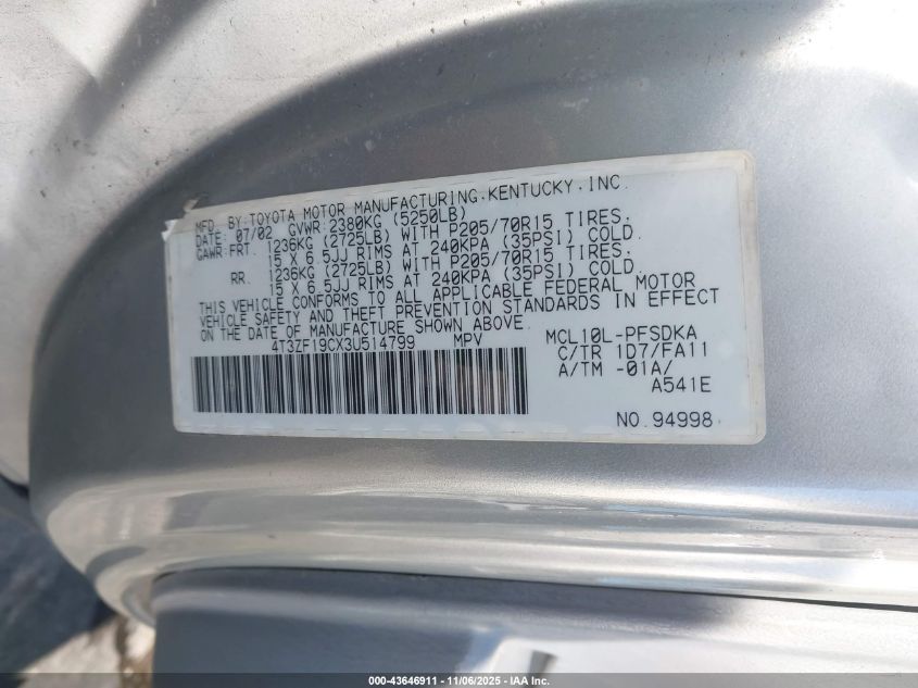 2003 Toyota Sienna Ce VIN: 4T3ZF19CX3U514799 Lot: 43646911