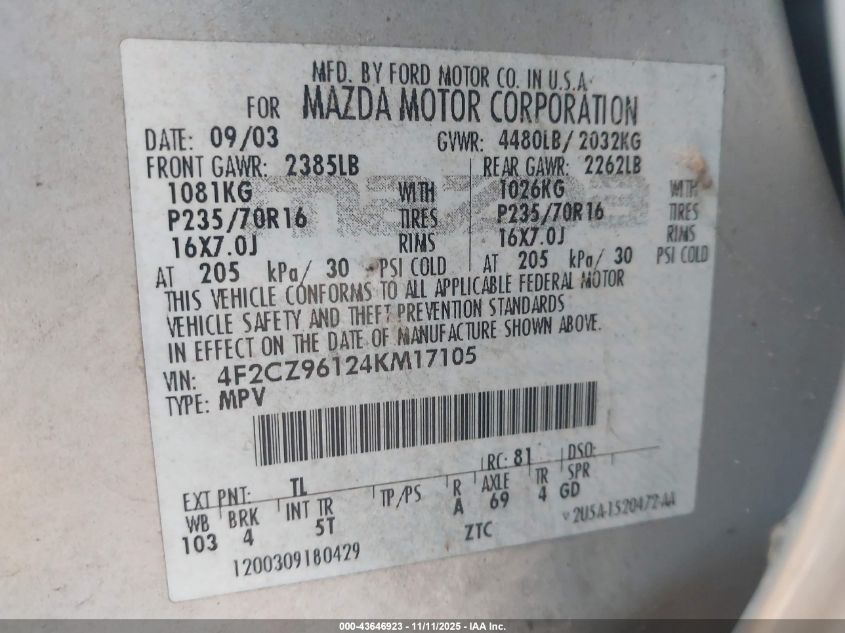 2004 Mazda Tribute Es V6 VIN: 4F2CZ96124KM17105 Lot: 43646923