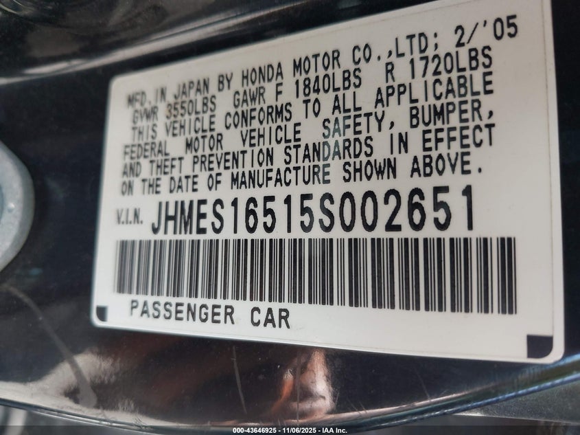 JHMES16515S002651 2005 HONDA CIVIC photo no. 9