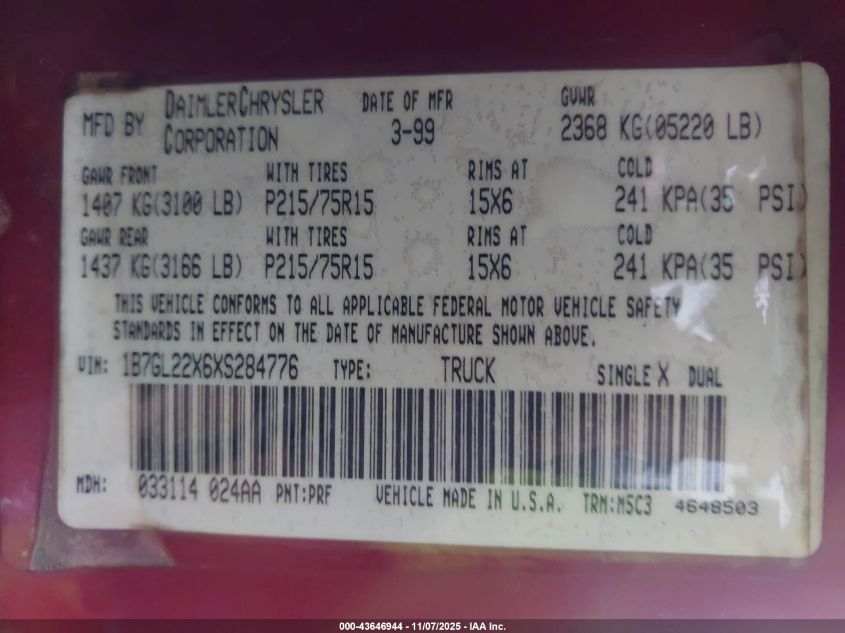 1999 Dodge Dakota Slt/Sport VIN: 1B7GL22X6XS284776 Lot: 43646944