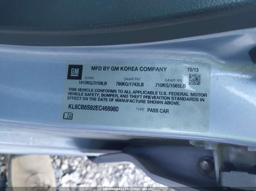 2014 Chevrolet Spark Ls Auto VIN: KL8CB6S92EC468980 Lot: 43646962