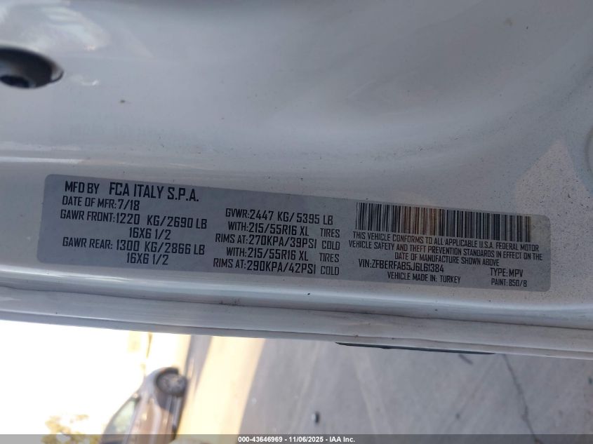 2018 Ram Promaster City Tradesman VIN: ZFBERFAB5J6L61384 Lot: 43646969