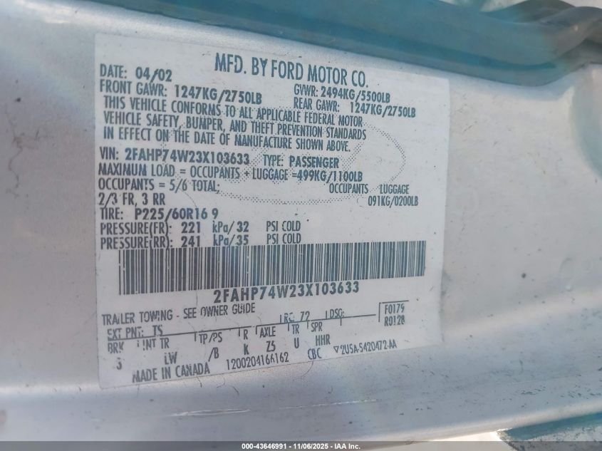 2003 Ford Crown Victoria Lx VIN: 2FAHP74W23X103633 Lot: 43646991