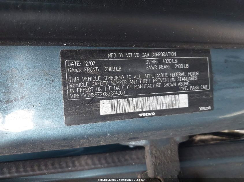 2008 Volvo S40 T5 VIN: YV1MS672X82384000 Lot: 43647002