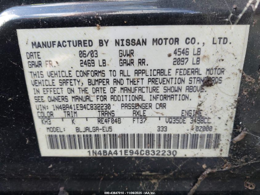 2004 Nissan Maxima 3.5 Sl VIN: 1N4BA41E94C832230 Lot: 43647010