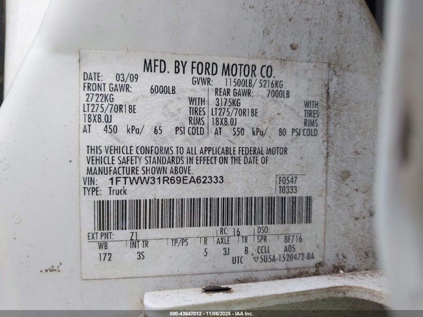 2009 Ford F-350 Fx4/Harley-Davidson/King Ranch/Lariat/Xl/Xlt VIN: 1FTWW31R69EA62333 Lot: 43647012