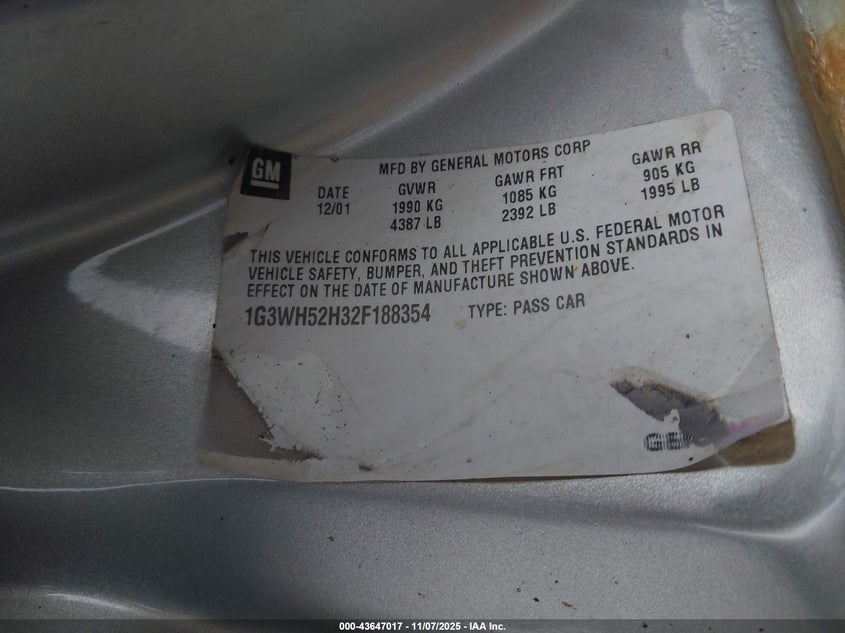 2002 Oldsmobile Intrigue Gx VIN: 1G3WH52H32F188354 Lot: 43647017