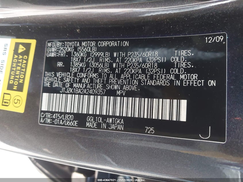 2010 Lexus Rx 350 VIN: JTJZK1BA2A2409357 Lot: 43647021