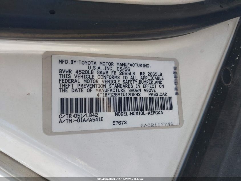 1996 Toyota Avalon Xl/Xls VIN: 4T1BF12B9TU120593 Lot: 43647023