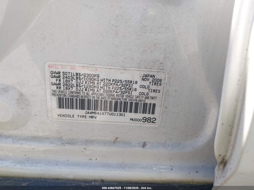 2007 Mitsubishi Outlander Xls VIN: JA4MS41X77U011301 Lot: 43647029