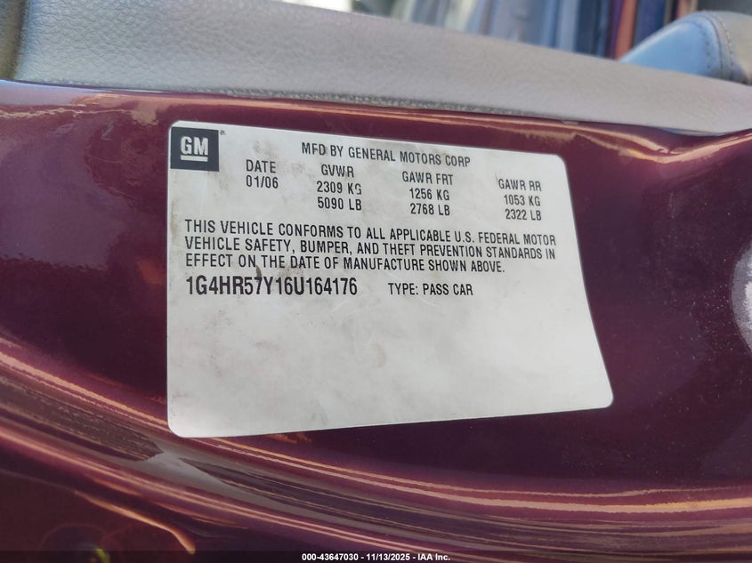 2006 Buick Lucerne Cxl VIN: 1G4HR57Y16U164176 Lot: 43647030