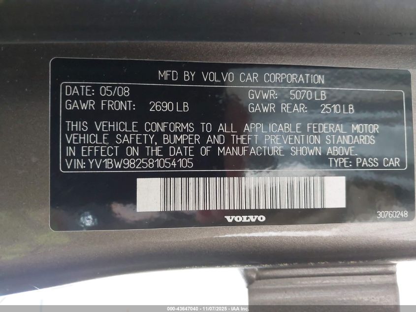 2008 Volvo V70 3.2 VIN: YV1BW982581054105 Lot: 43647040