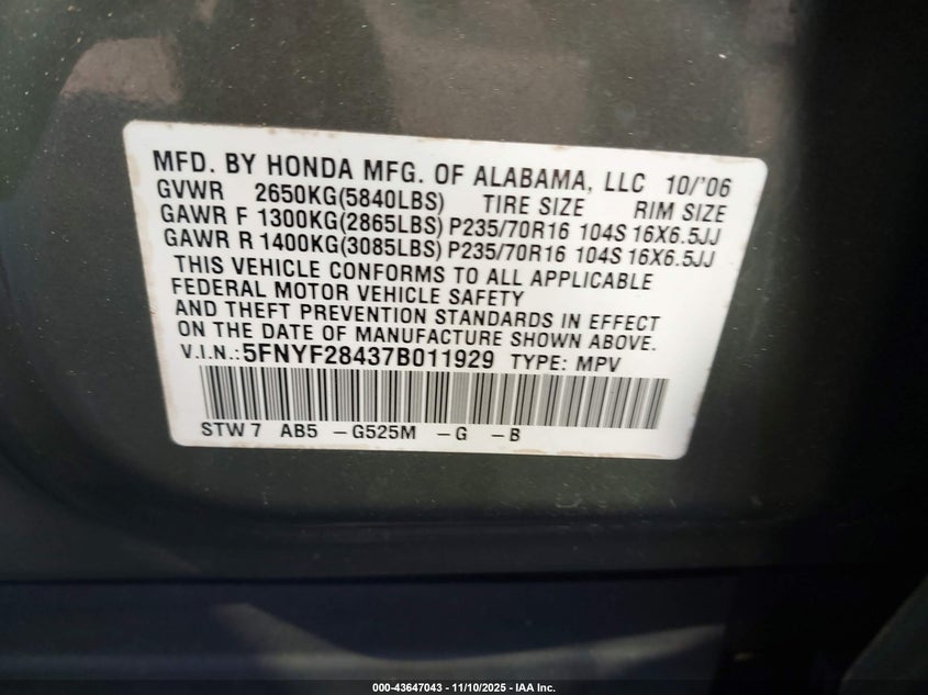 5FNYF28437B011929 2007 HONDA PILOT photo no. 9