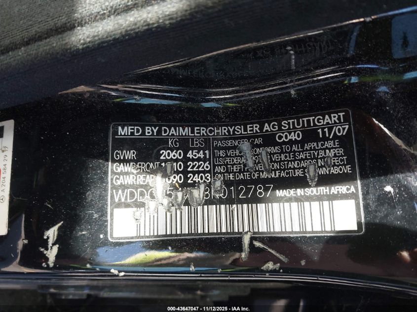 2008 Mercedes-Benz C 300 Luxury/Sport VIN: WDDGF54X58R012787 Lot: 43647047
