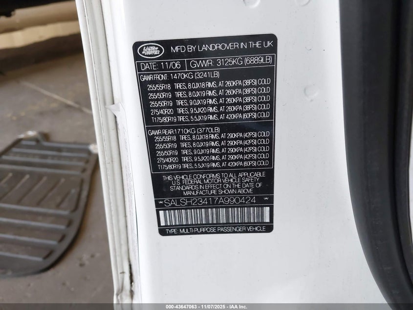 2007 Land Rover Range Rover Sport Supercharged VIN: SALSH23417A990424 Lot: 43647063