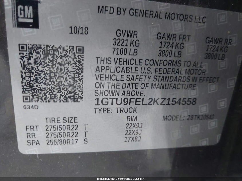 2019 GMC Sierra 1500 Denali VIN: 1GTU9FEL2KZ154558 Lot: 43647066