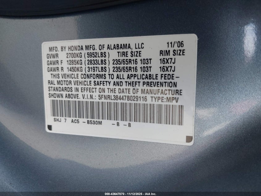 2007 Honda Odyssey Ex VIN: 5FNRL38447B029116 Lot: 43647070