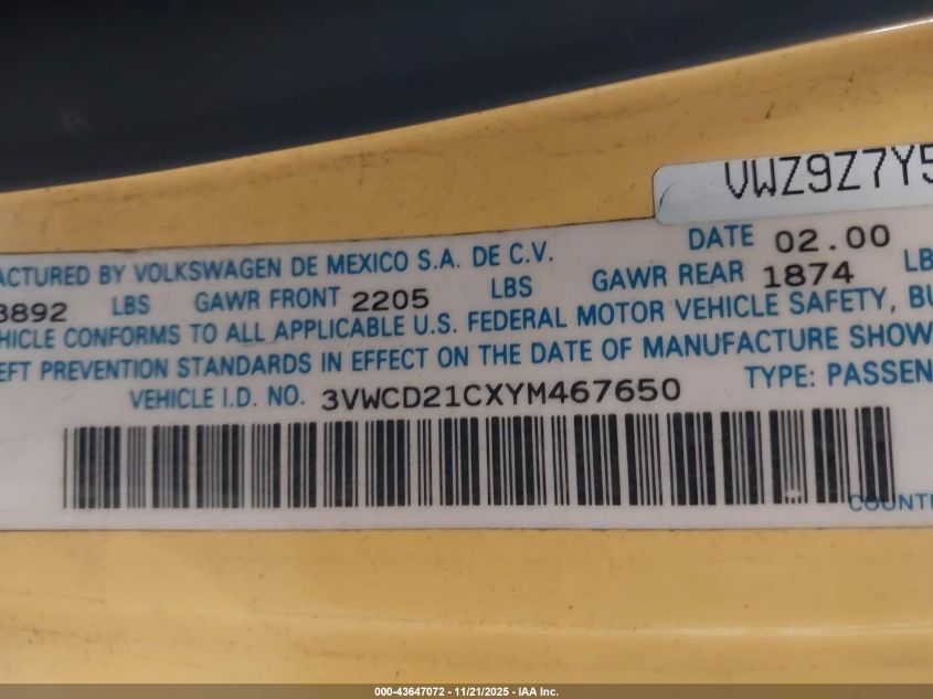 2000 Volkswagen New Beetle Gls 1.8L Turbo VIN: 3VWCD21CXYM467650 Lot: 43647072