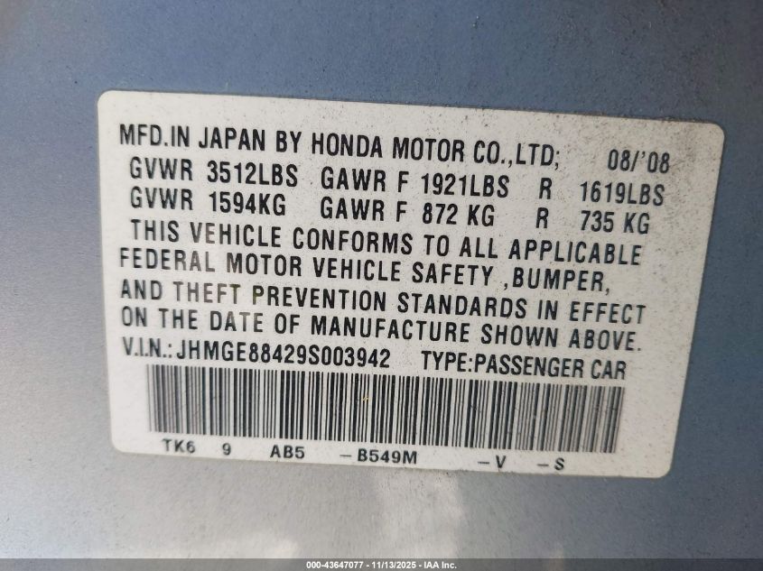 2009 Honda Fit Sport VIN: JHMGE88429S003942 Lot: 43647077