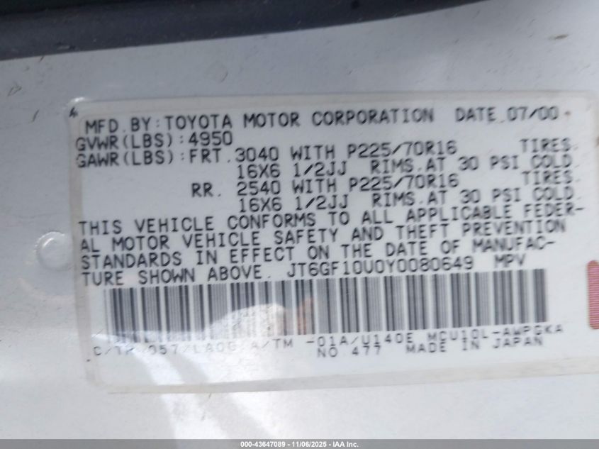 2000 Lexus Rx 300 VIN: JT6GF10U0Y0080649 Lot: 43647089