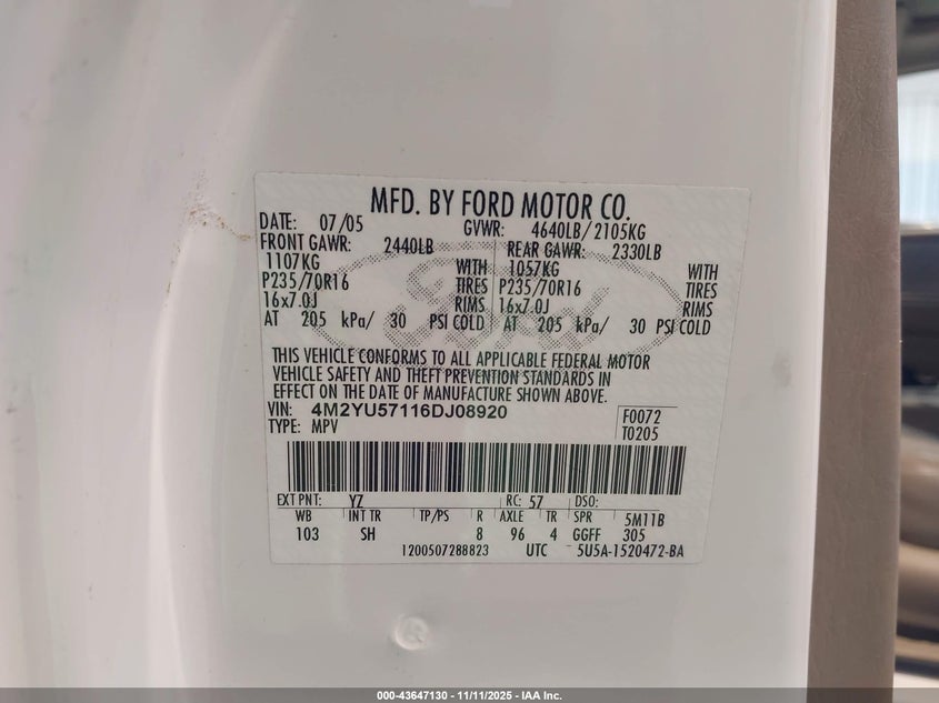 2006 Mercury Mariner Luxury/Premier VIN: 4M2YU57116DJ08920 Lot: 43647130