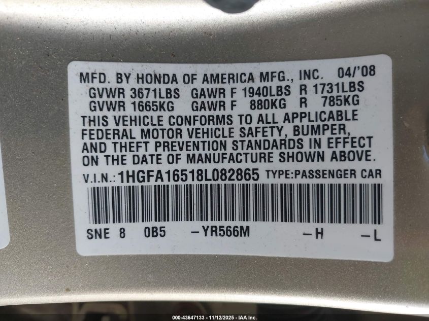 2008 Honda Civic Lx VIN: 1HGFA16518L082865 Lot: 43647133