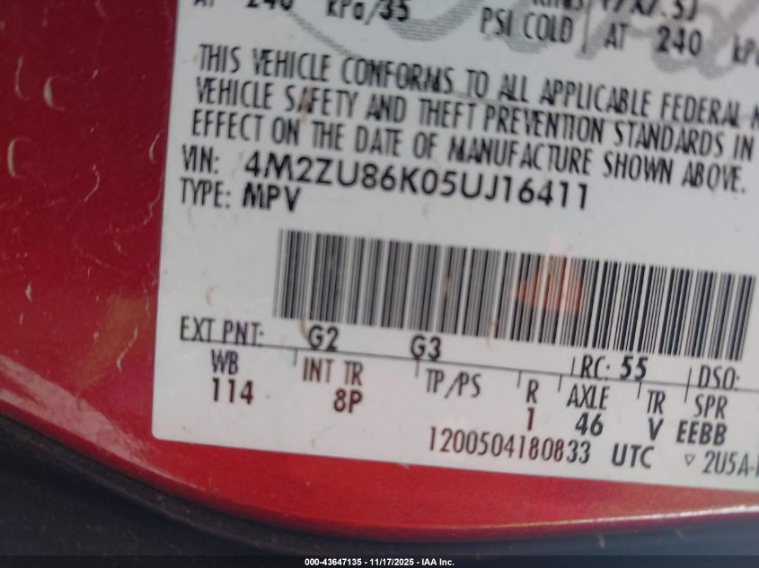 2005 Mercury Mountaineer VIN: 4M2ZU86K05UJ16411 Lot: 43647135