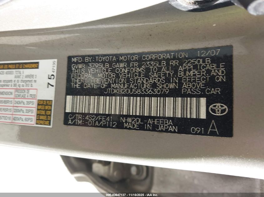 2008 Toyota Prius VIN: JTDKB20U583363079 Lot: 43647137