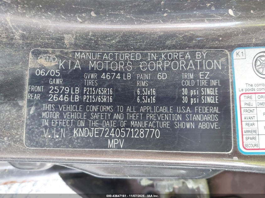 KNDJE724057128770 2005 KIA SPORTAGE photo no. 9