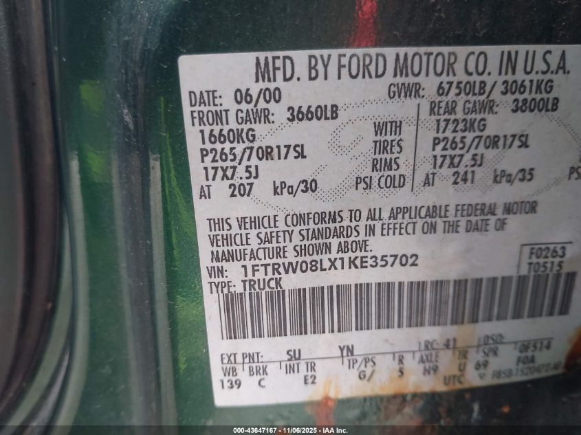 2001 Ford F-150 King Ranch Edition/Lariat/Xlt VIN: 1FTRW08LX1KE35702 Lot: 43647167