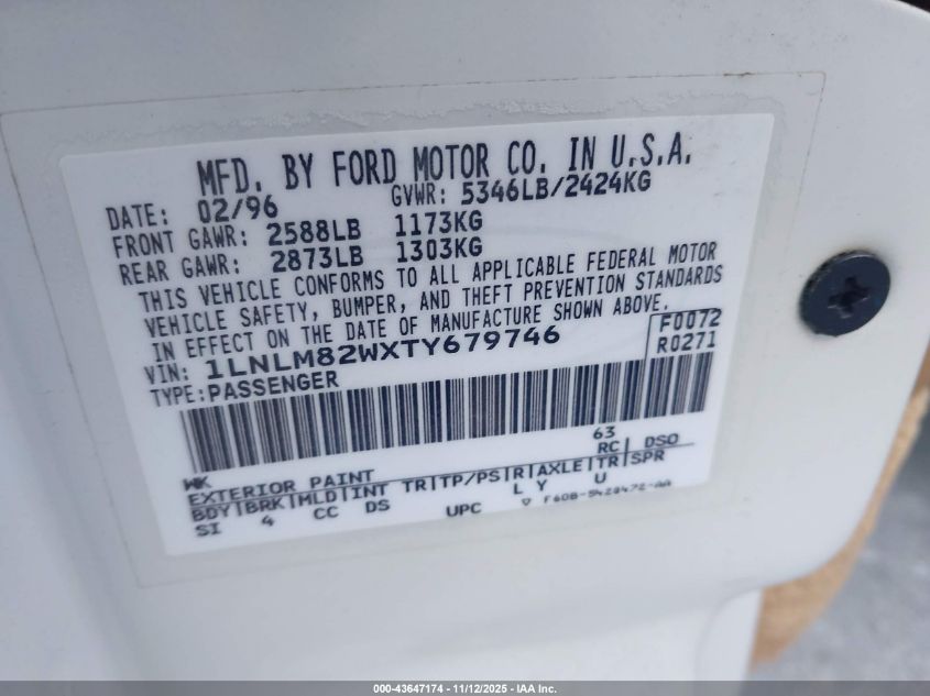 1996 Lincoln Town Car Sgn/Dmnd Anv/Cypress/Jn VIN: 1LNLM82WXTY679746 Lot: 43647174