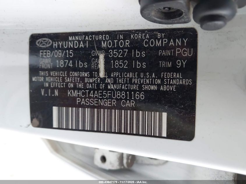 2015 Hyundai Accent Gls VIN: KMHCT4AE5FU881166 Lot: 43647179