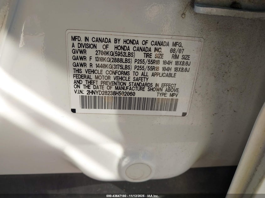 2008 Acura Mdx VIN: 2HNYD28238H502060 Lot: 43647180