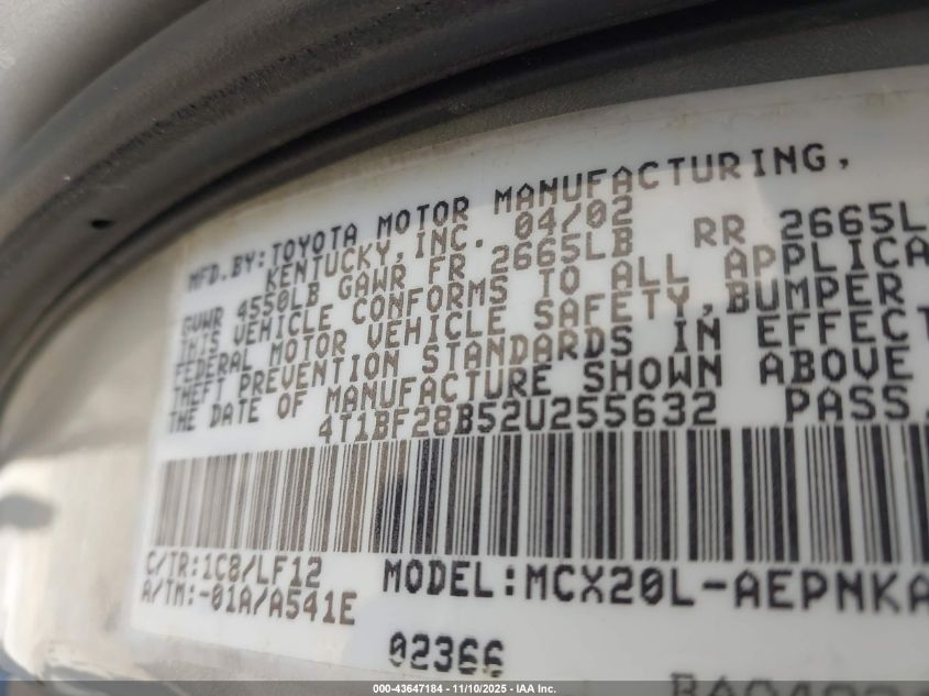 2002 Toyota Avalon Xl VIN: 4T1BF28B52U255632 Lot: 43647184