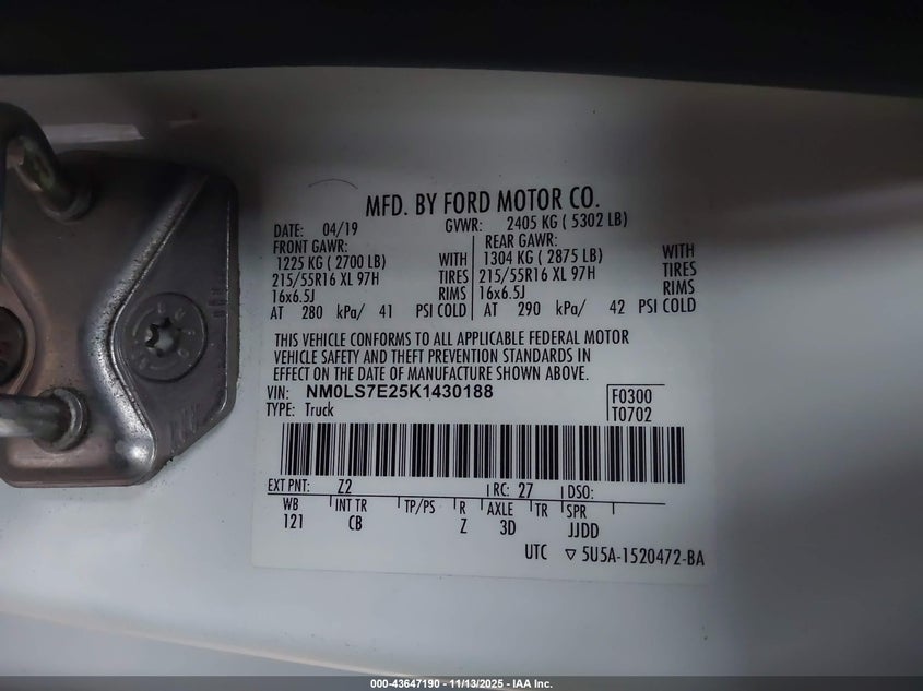 2019 Ford Transit Connect Xl VIN: NM0LS7E25K1430188 Lot: 43647190