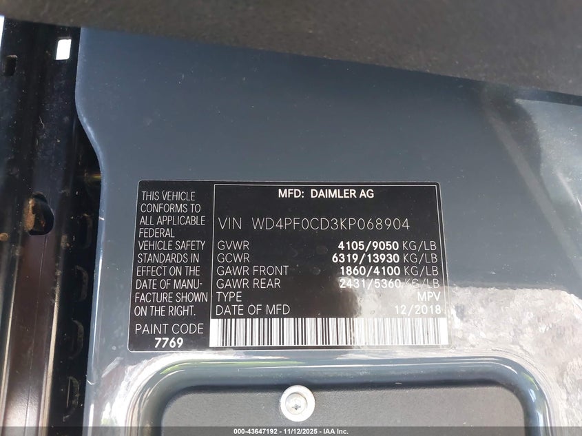 2019 Mercedes-Benz Sprinter 2500 Standard Roof V6 VIN: WD4PF0CD3KP068904 Lot: 43647192