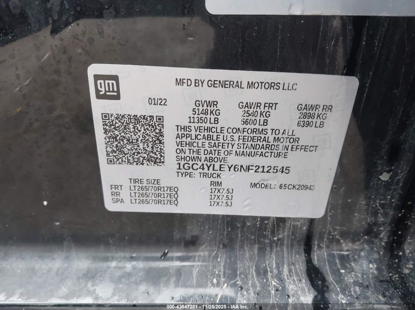2022 Chevrolet Silverado 2500Hd 4Wd Long Bed Wt VIN: 1GC4YLEY6NF212545 Lot: 43647201
