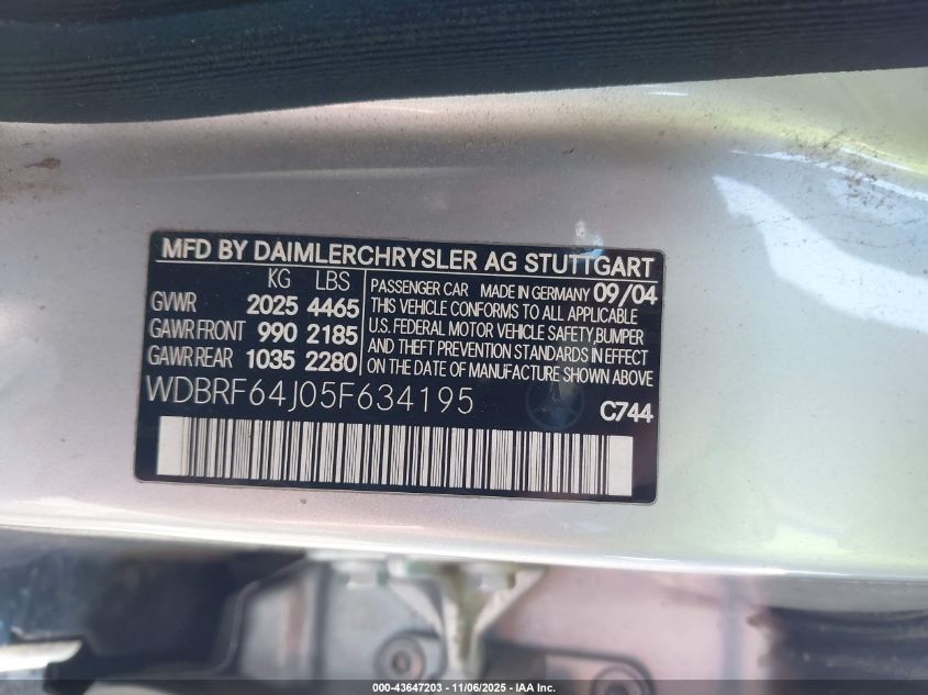 2005 Mercedes-Benz C 320 Luxury/Sport VIN: WDBRF64J05F634195 Lot: 43647203