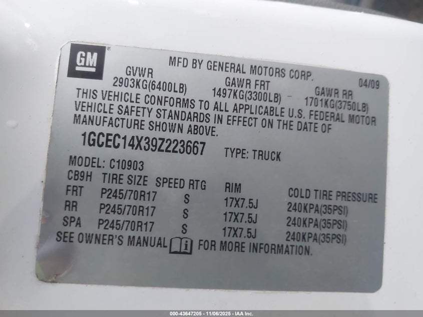 1GCEC14X39Z223667 2009 CHEVROLET SILVERADO photo no. 9
