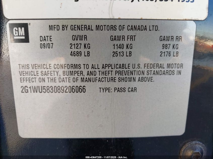 2008 Chevrolet Impala Ltz VIN: 2G1WU583089206066 Lot: 43647209