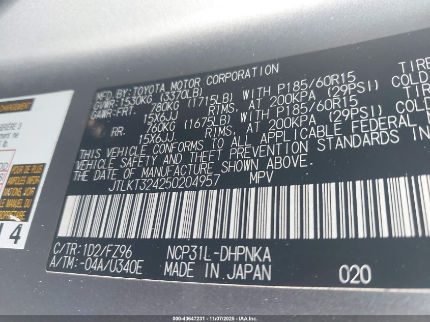 2005 Scion Xb VIN: JTLKT324250204957 Lot: 43647231