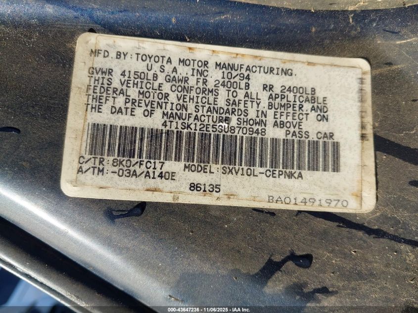 1995 Toyota Camry Le VIN: 4T1SK12E5SU870948 Lot: 43647236