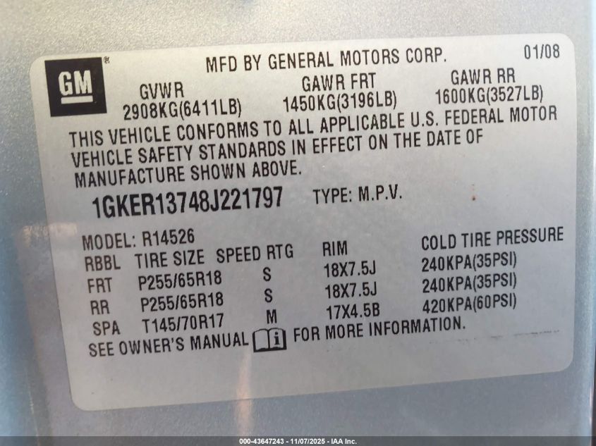 2008 GMC Acadia Sle-1 VIN: 1GKER13748J221797 Lot: 43647243