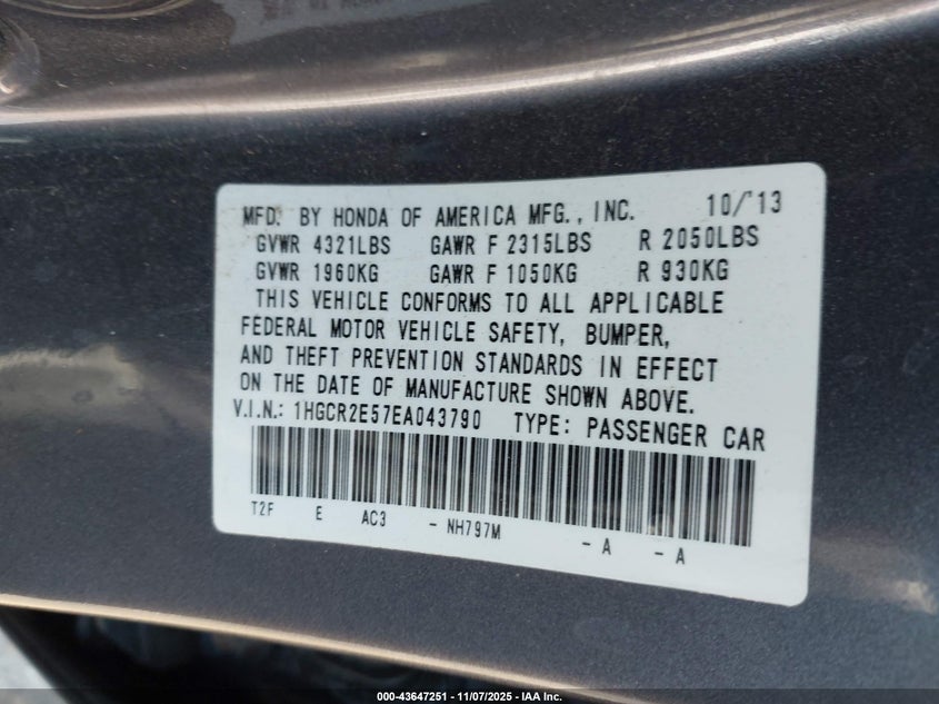 1HGCR2E57EA043790 2014 HONDA ACCORD photo no. 9