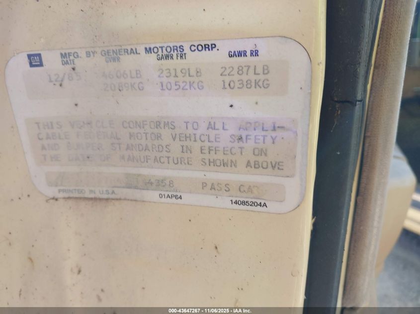 1986 Chevrolet Monte Carlo VIN: 1G1GZ37H4GR144358 Lot: 43647267