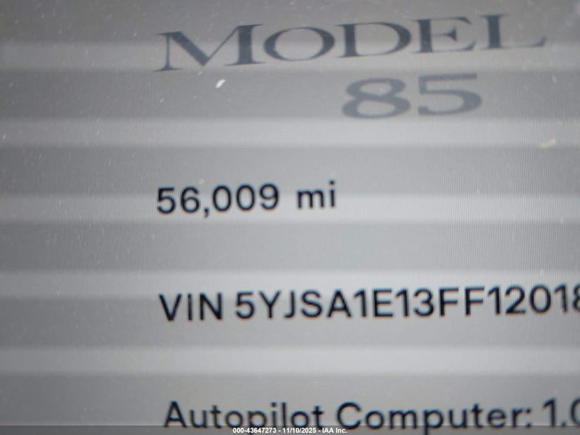2015 Tesla Model S 60/70/85 VIN: 5YJSA1E13FF120186 Lot: 43647273