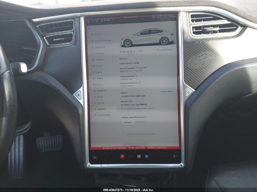 2015 Tesla Model S 60/70/85 VIN: 5YJSA1E13FF120186 Lot: 43647273